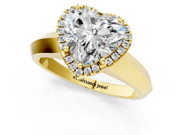 Yellow gold Heart Halo Diamond Ring with Cathedral Band and Four-Prong Setting