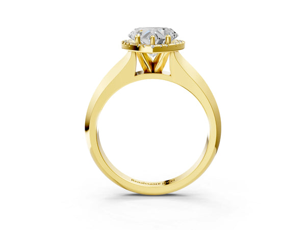 Yellow gold Heart Halo Diamond Ring with Cathedral Band and Four-Prong Setting