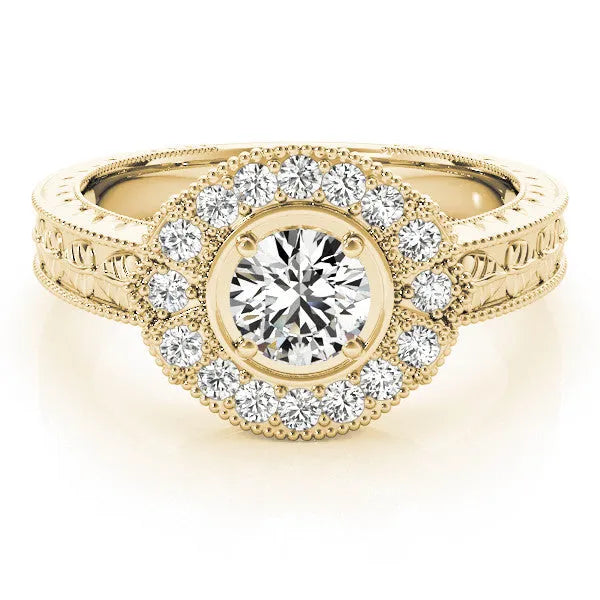 Yellow gold Heart Halo Diamond Ring with Milgrain Bezel and Prong Setting