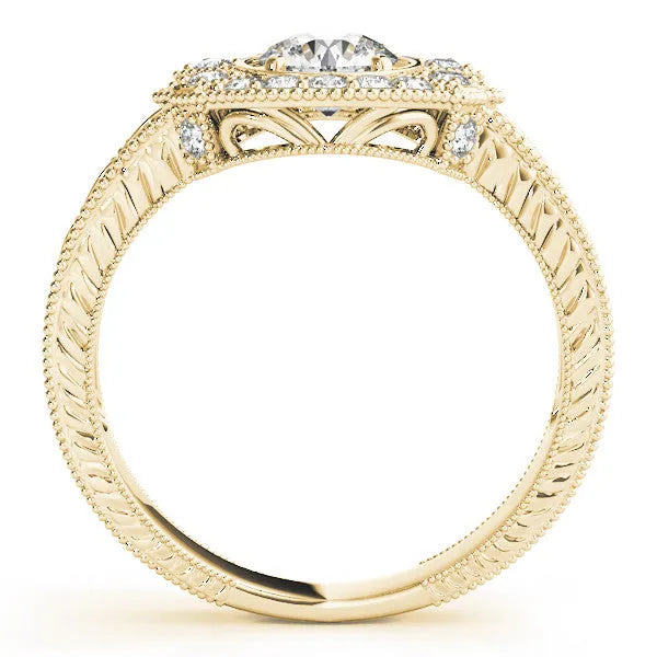 Yellow gold Heart Halo Diamond Ring with Milgrain Bezel and Prong Setting