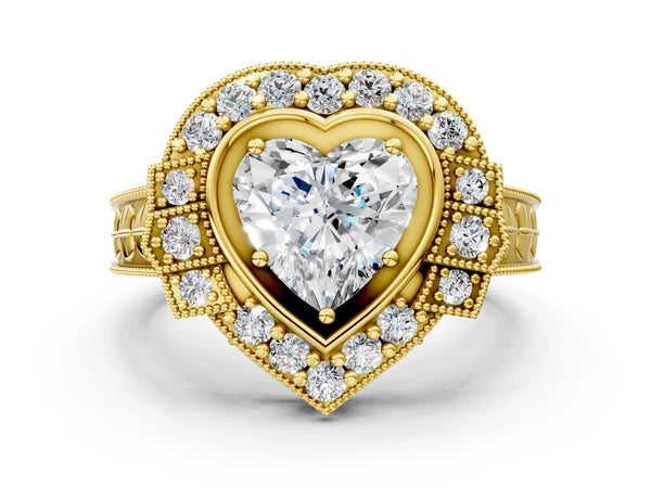 Yellow gold Heart Halo Diamond Ring with Milgrain Bezel and Prong Setting