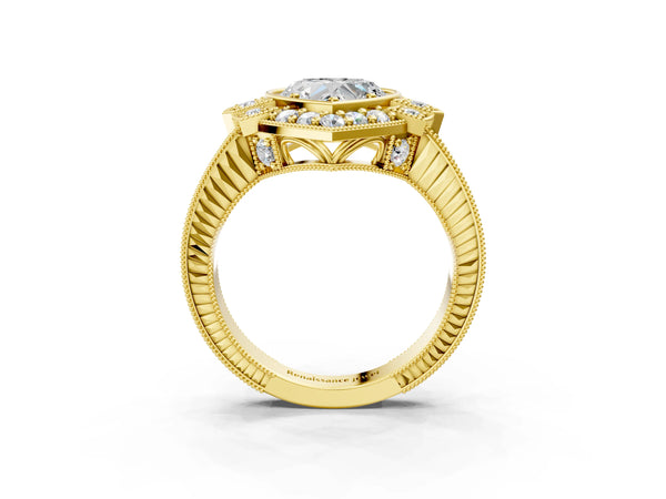 Yellow gold Heart Halo Diamond Ring with Milgrain Bezel and Prong Setting