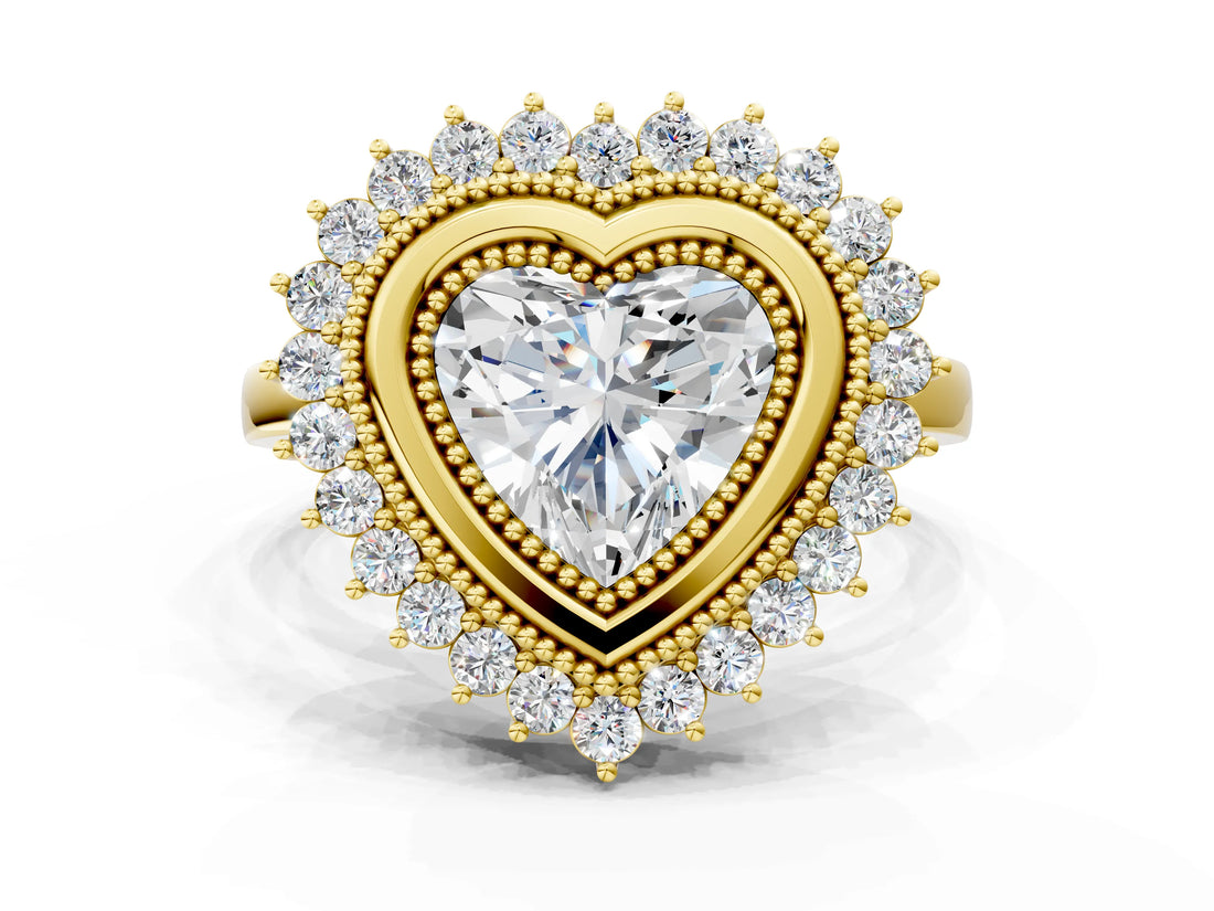 Yellow gold Heart Halo Diamond Ring with Milgrain Edge and Round Prong Setting_26