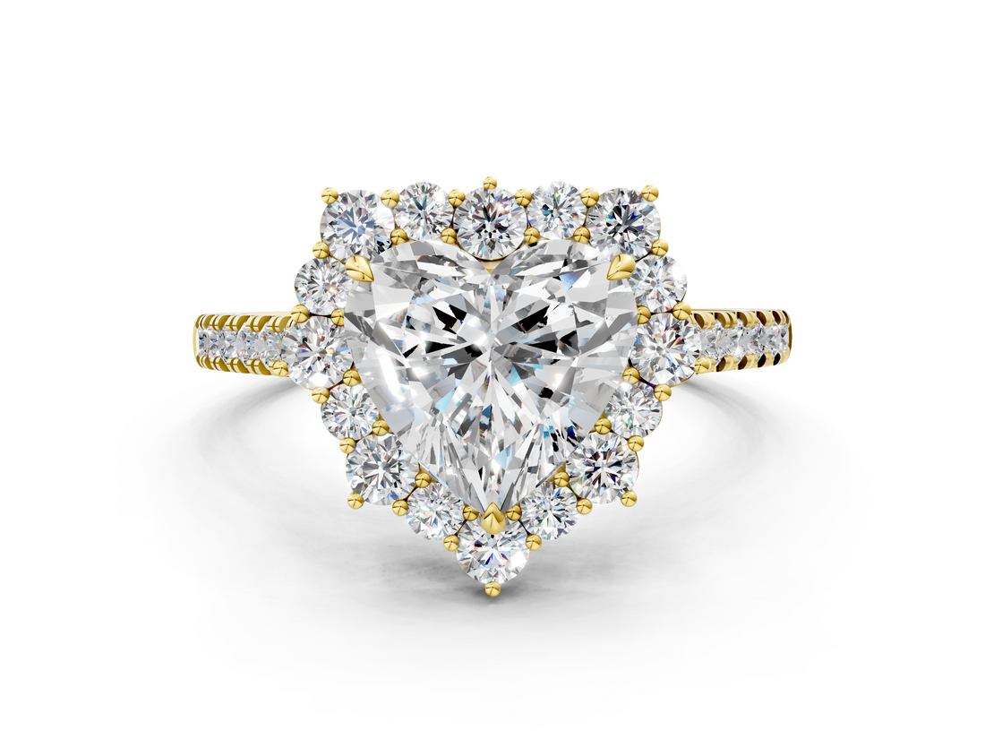Yellow gold Heart Halo Diamond Ring with Pavé Band and Prong Setting_20
