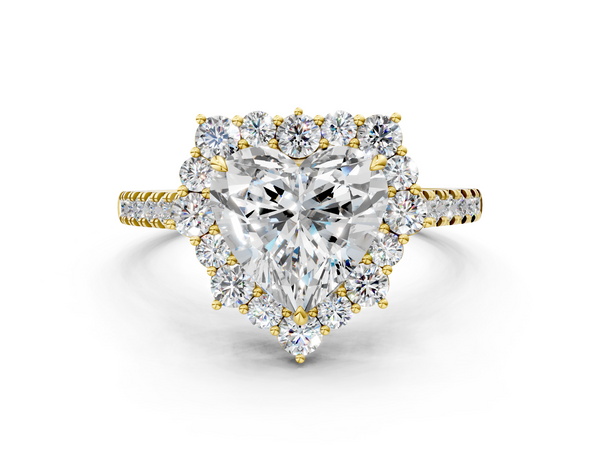 Yellow gold Heart Halo Diamond Ring with Pavé Band and Prong Setting