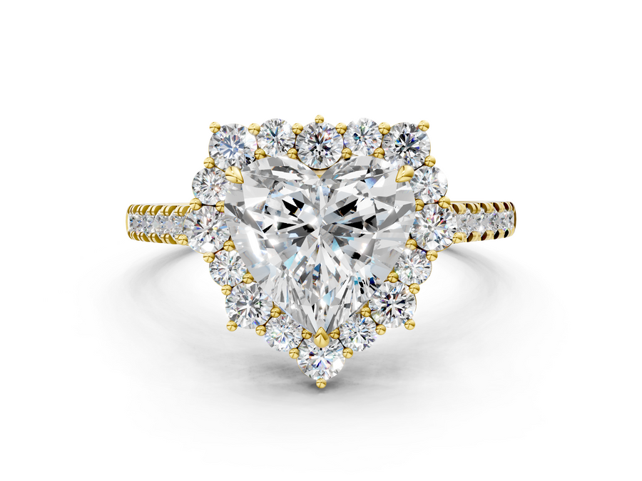 Yellow gold Heart Halo Diamond Ring with Pavé Band and Prong Setting