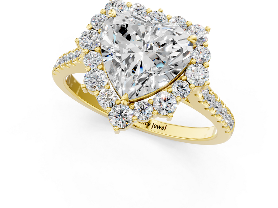 Yellow gold Heart Halo Diamond Ring with Pavé Band and Prong Setting