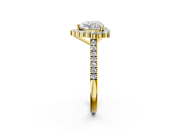 Yellow gold Heart Halo Diamond Ring with Pavé Band and Prong Setting