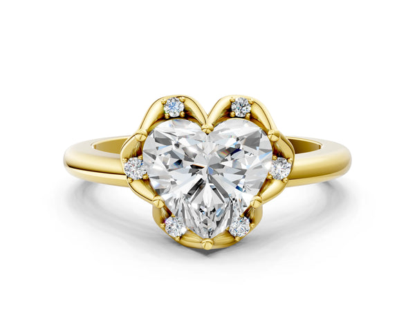 Yellow gold Heart Halo Diamond Ring with Round Cluster Setting, Solitaire Band, and Four-Prong Setting
