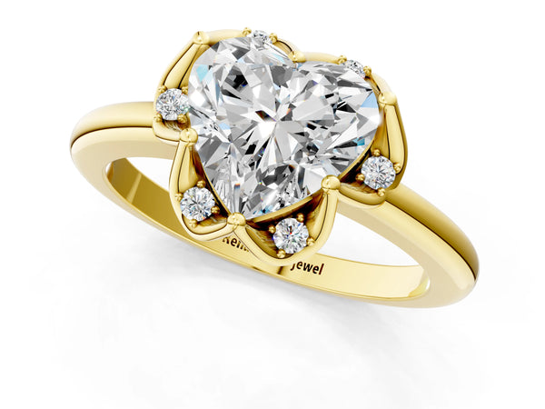 Yellow gold Heart Halo Diamond Ring with Round Cluster Setting, Solitaire Band, and Four-Prong Setting