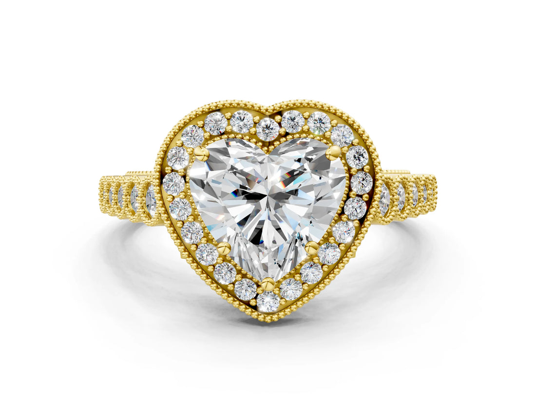 Yellow gold Heart Halo Milgrain Solitaire with Bezel Set Side Stones and Pave Band_32