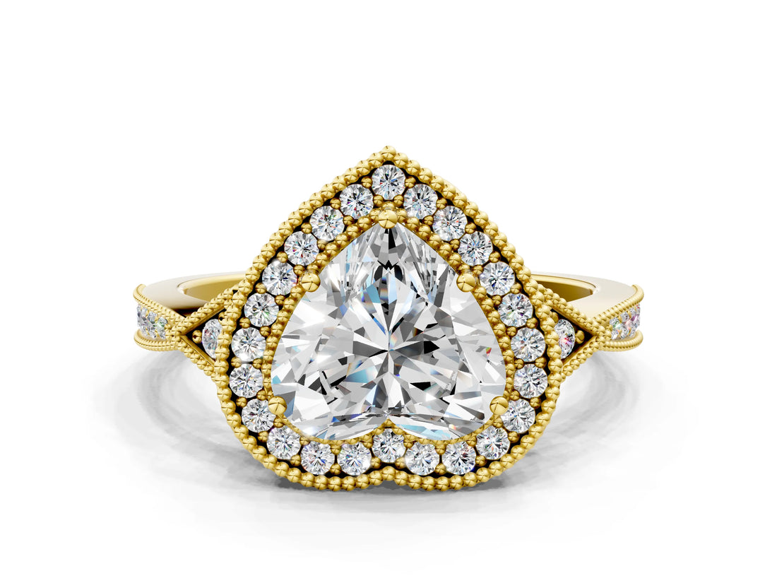 Yellow gold Heart Halo Round Diamond Milgrain Pave Engagement Ring_9