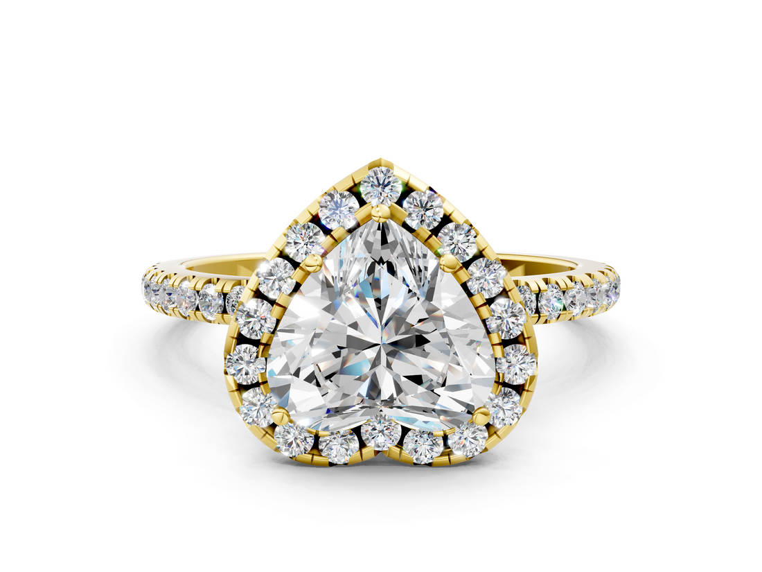 Yellow gold Heart Halo Round Diamond Pavé Band Four-Prong Ring_3