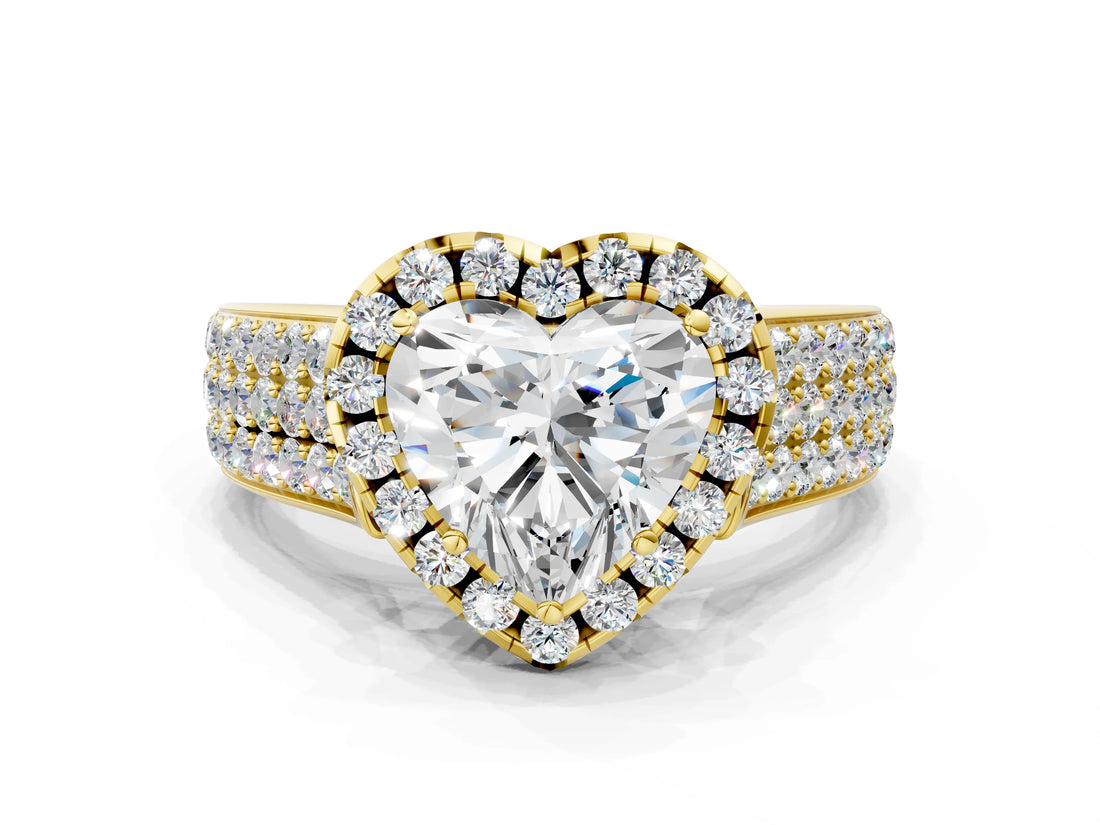 Yellow gold Heart Halo Round Diamond Pave Band with Prong Setting