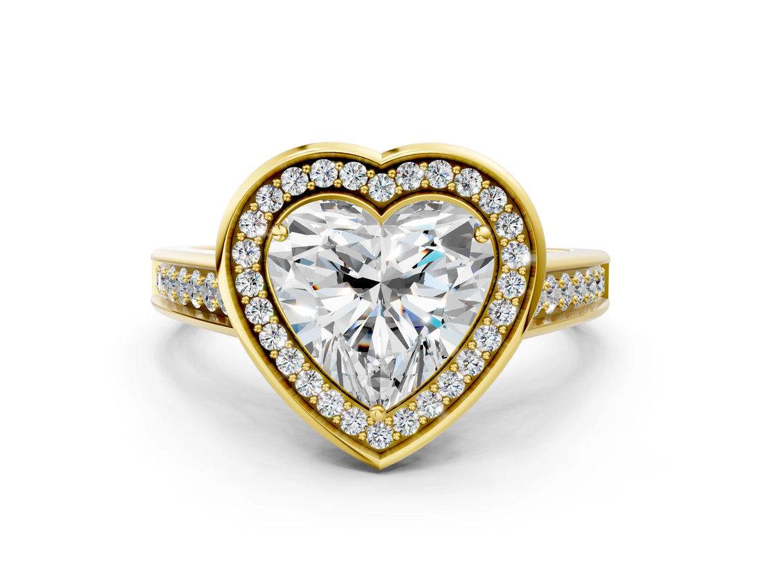Yellow gold Heart Halo Solitaire Diamond Ring with Pave Band and Bezel Setting_49