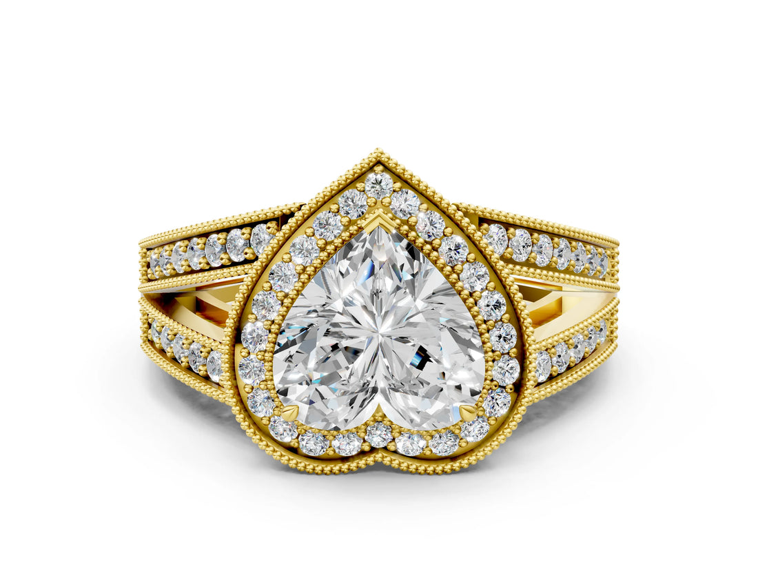 Yellow gold Heart Halo Split Shank Diamond Ring with Milgrain Prong Setting_6
