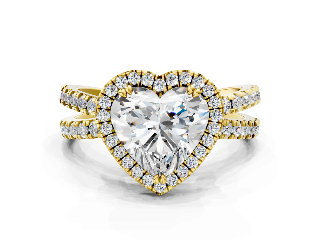 Yellow gold Heart Halo Split Shank Diamond Ring with Pavé Setting_26