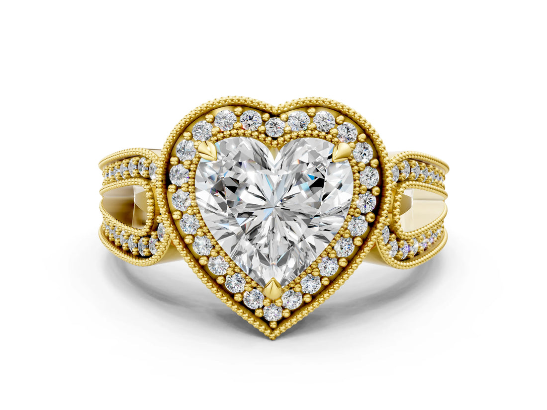 Yellow gold Heart Halo Split Shank Milgrain Diamond Ring_18