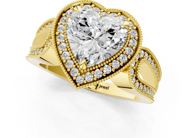 Yellow Gold Heart-Shaped Vintage Milgrain Halo Engagement Ring Setting with Pave Loop Shoulders