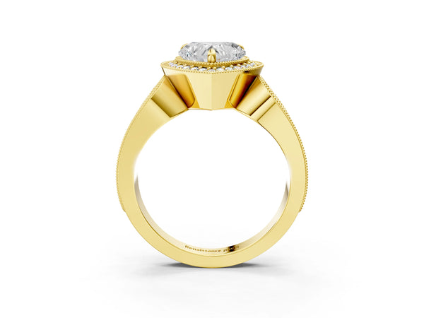 Yellow Gold Heart-Shaped Vintage Milgrain Halo Engagement Ring Setting with Pave Loop Shoulders