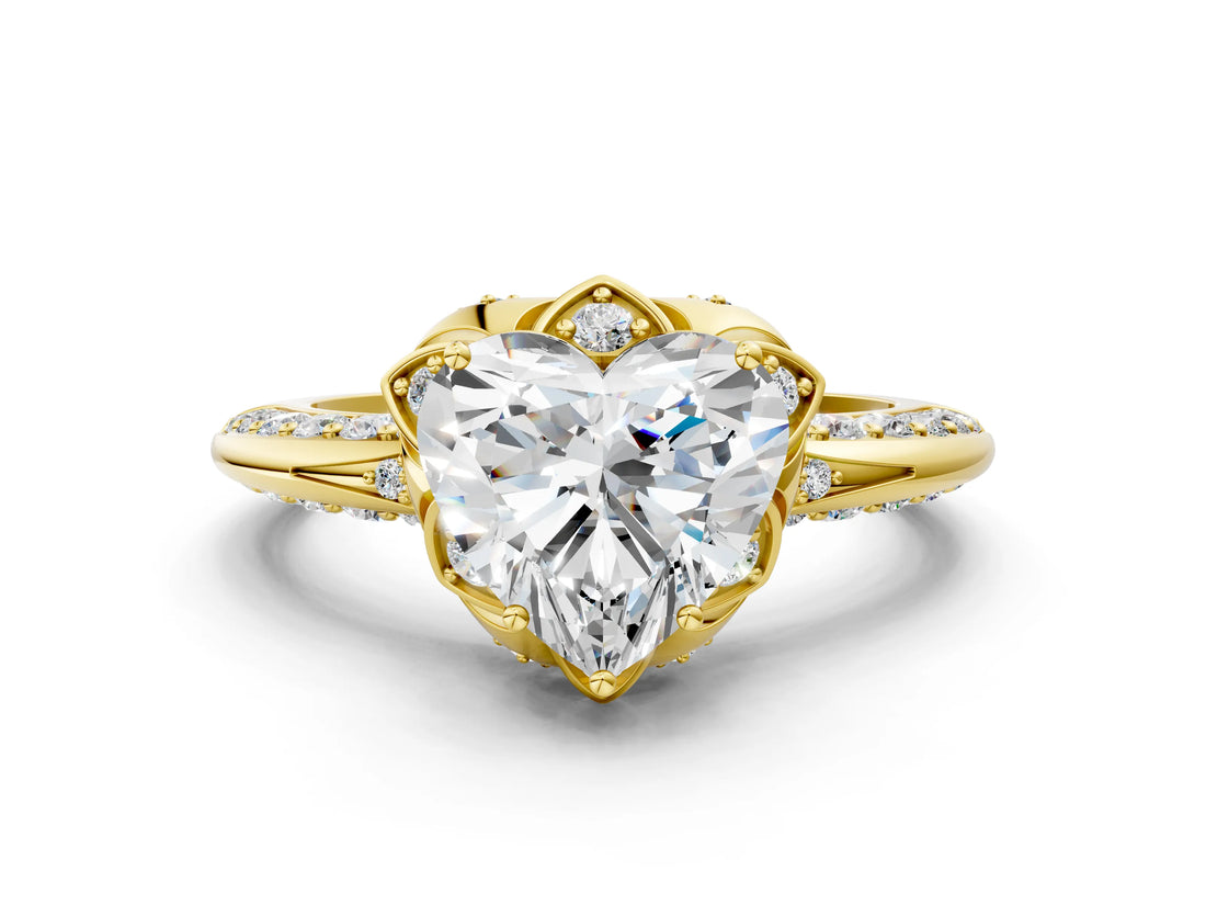 Yellow gold Heart Halo Split Shank Pave Diamond Ring with Petal Prong Setting_19