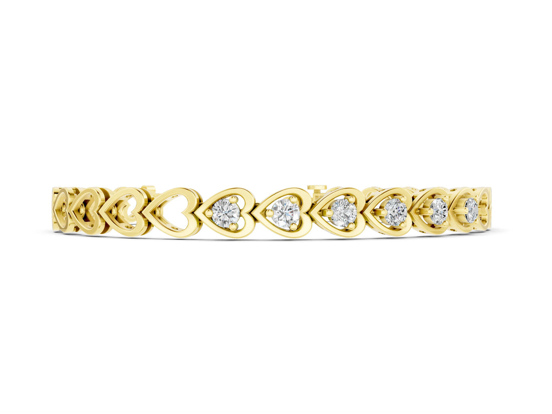 Yellow gold Heart Link Diamond Tennis Bracelet with Round Cut Stones and Bezel Setting_2