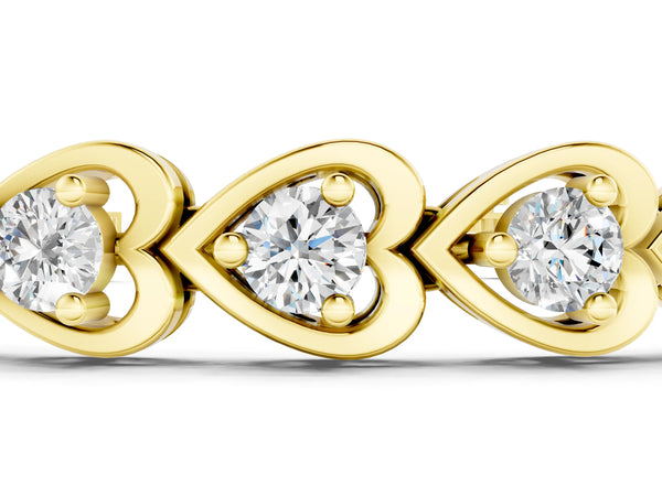 Yellow gold Heart Link Diamond Tennis Bracelet with Round Cut Stones and Bezel Setting
