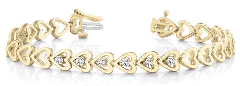 Yellow gold Heart Link Diamond Tennis Bracelet with Round Cut Stones and Bezel Setting