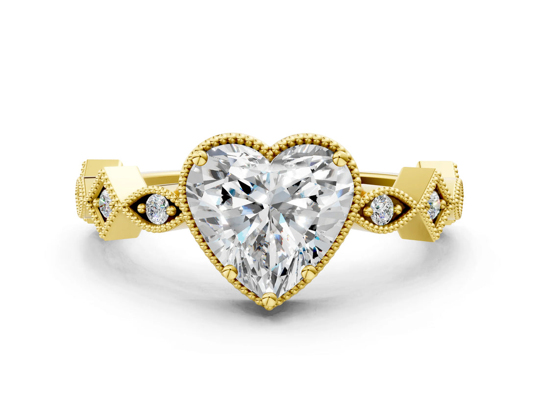 Yellow gold Heart Milgrain Marquise Diamond Twist Band Ring_38