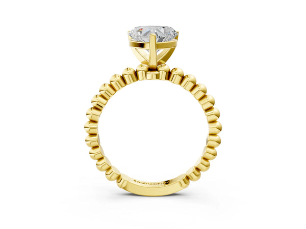 Yellow gold Heart Cut Diamond Solitaire Ring with Beaded Band and Prong Setting