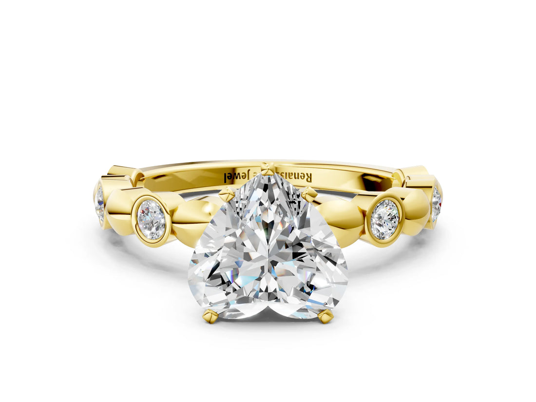 Yellow gold Heart Solitaire Bezel-Set Diamond Ring with Beaded Band and Four-Prong Setting_52