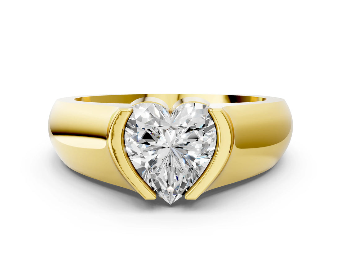 Yellow gold Heart Solitaire Bezel Set Diamond Ring with Wide Band_3