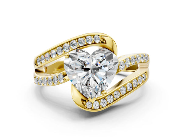Yellow gold Heart Solitaire Bypass Diamond Engagement Ring with Channel-Set Band and Four-Prong Setting