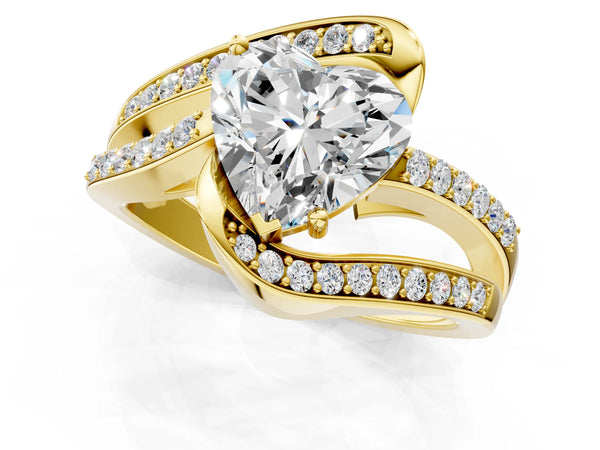 Yellow gold Heart Solitaire Bypass Diamond Engagement Ring with Channel-Set Band and Four-Prong Setting