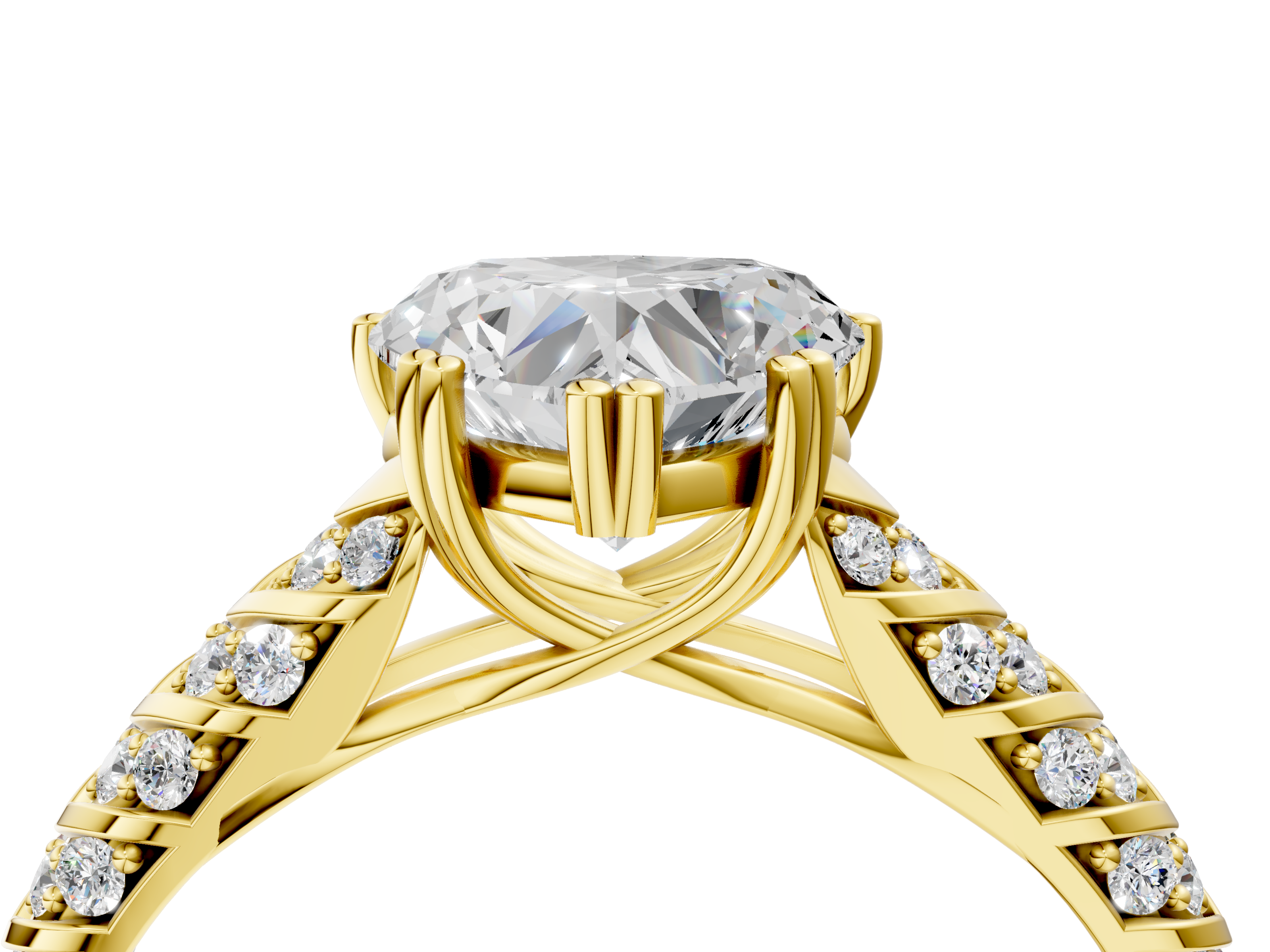 Yellow gold Heart Solitaire Chevron Pave Diamond Engagement Ring with Six-Prong Setting_7