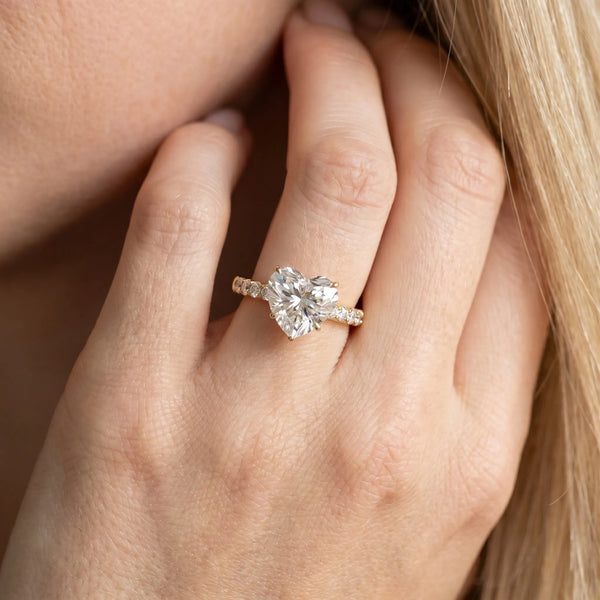 Yellow gold Heart Solitaire Diamond Engagement Ring with Pavé Band and Six-Prong Setting
