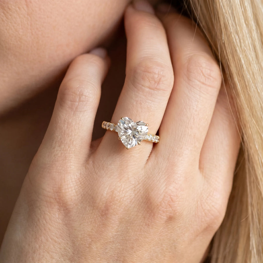 Yellow gold Heart Solitaire Diamond Engagement Ring with Pavé Band and Six-Prong Setting