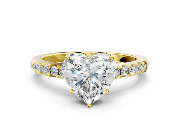 Yellow gold Heart Solitaire Diamond Engagement Ring with Pavé Band and Six-Prong Setting