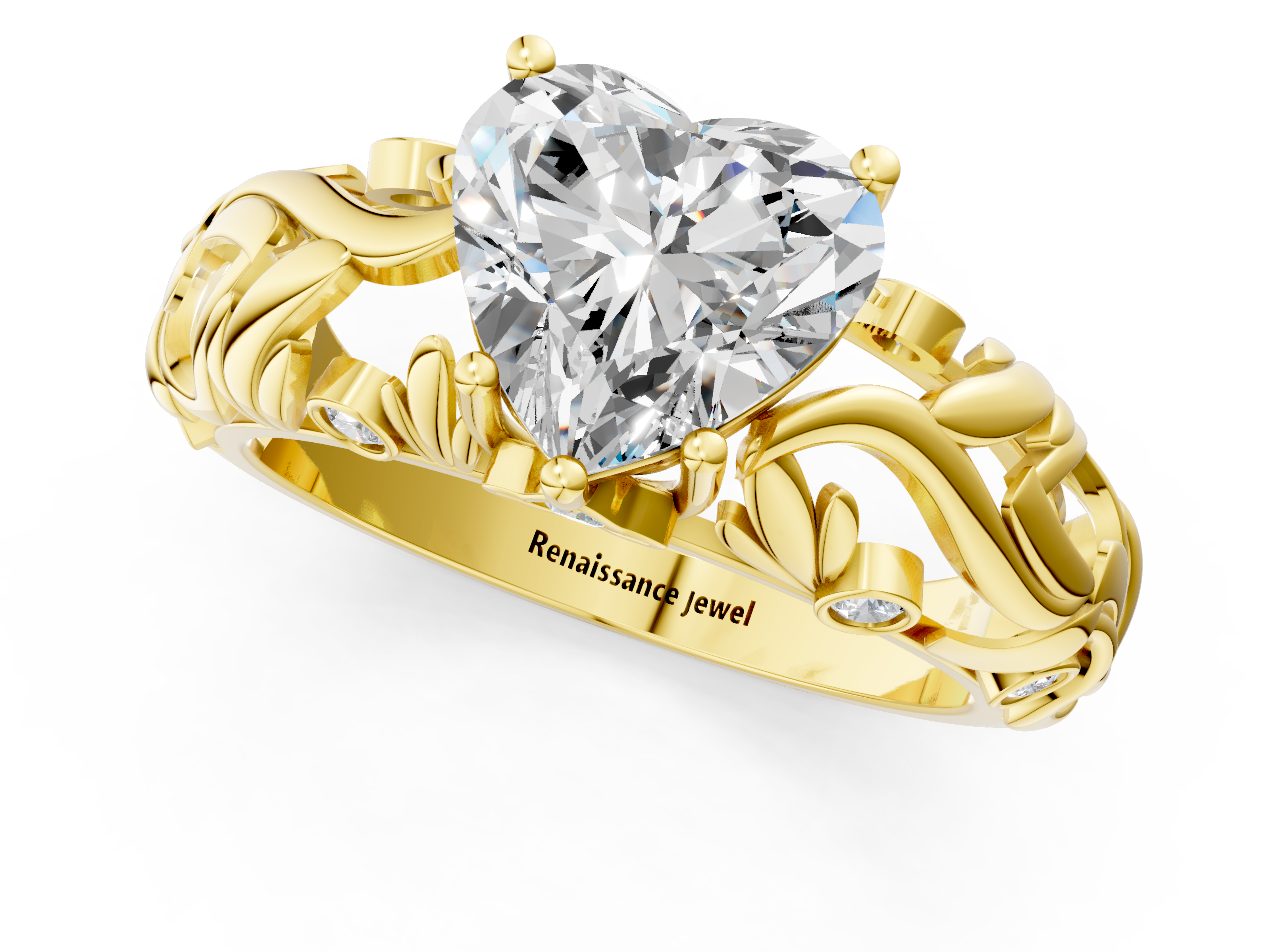 Yellow gold Heart Solitaire Diamond Leaf Vine Band with Prong Setting_38