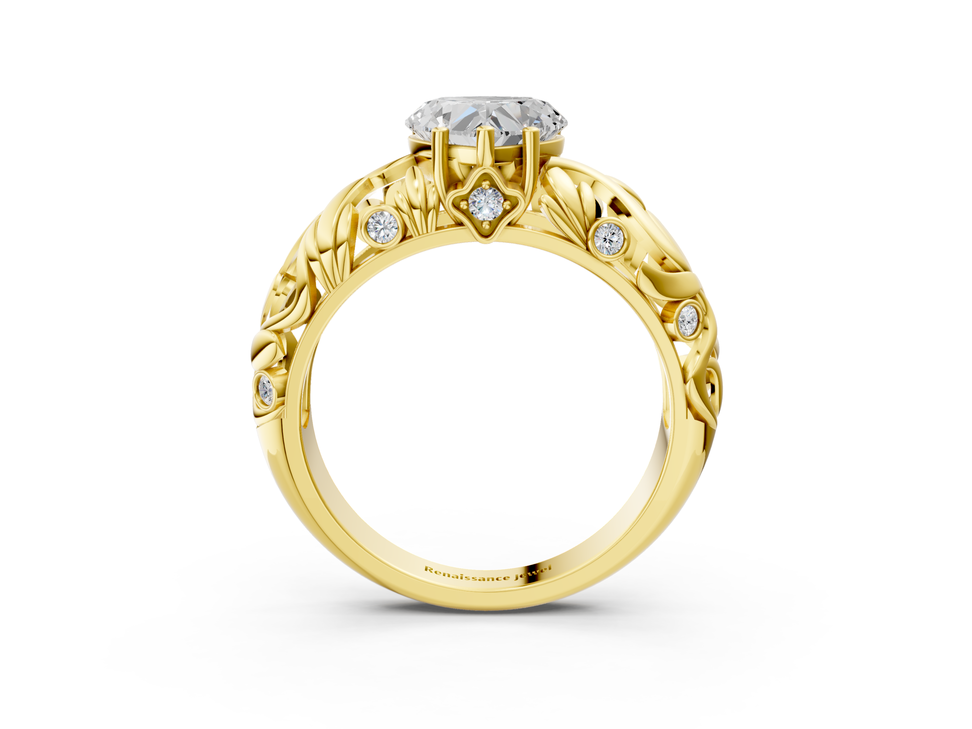 Yellow gold Heart Solitaire Diamond Leaf Vine Band with Prong Setting_40