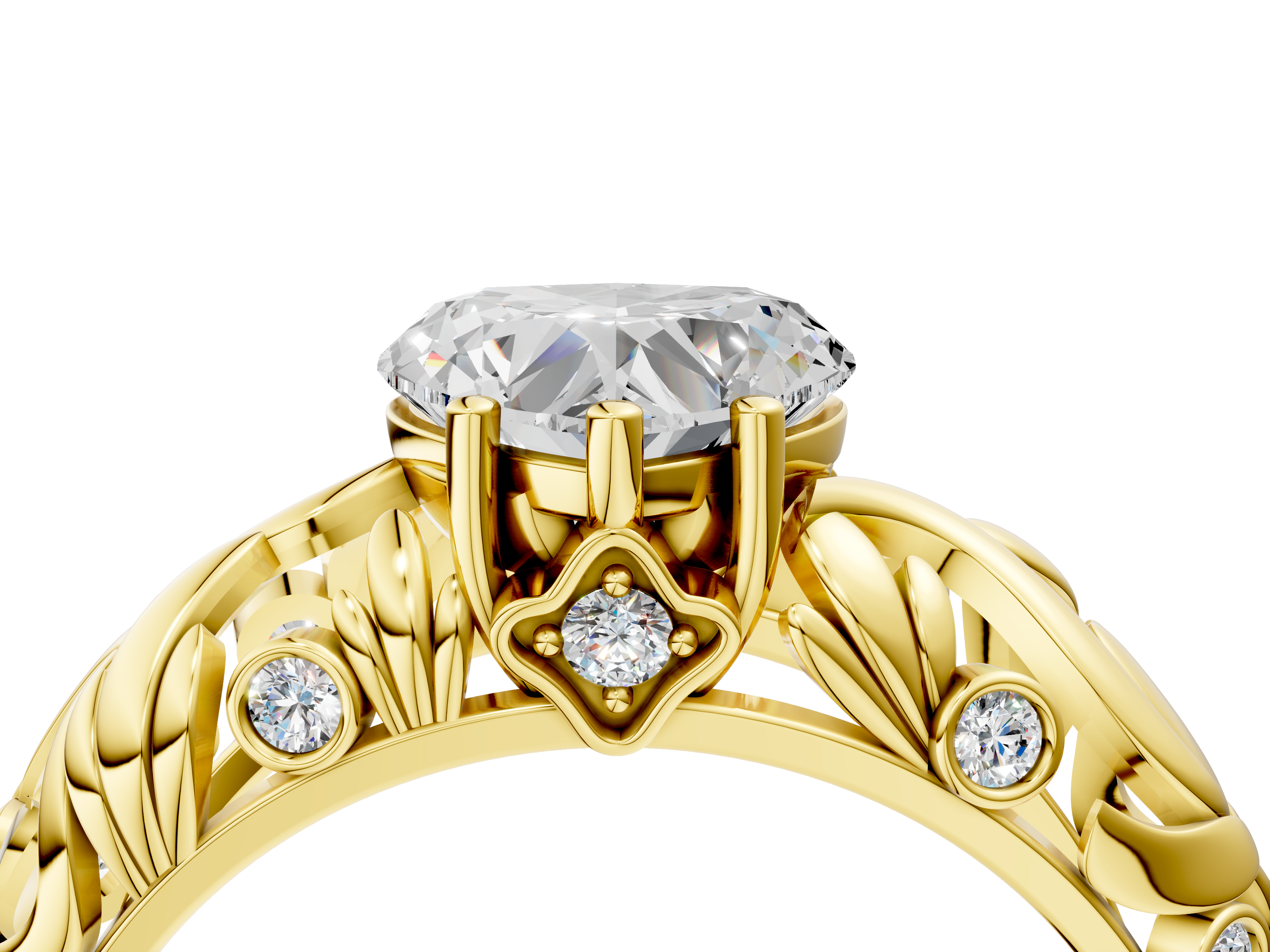 Yellow gold Heart Solitaire Diamond Leaf Vine Band with Prong Setting_41