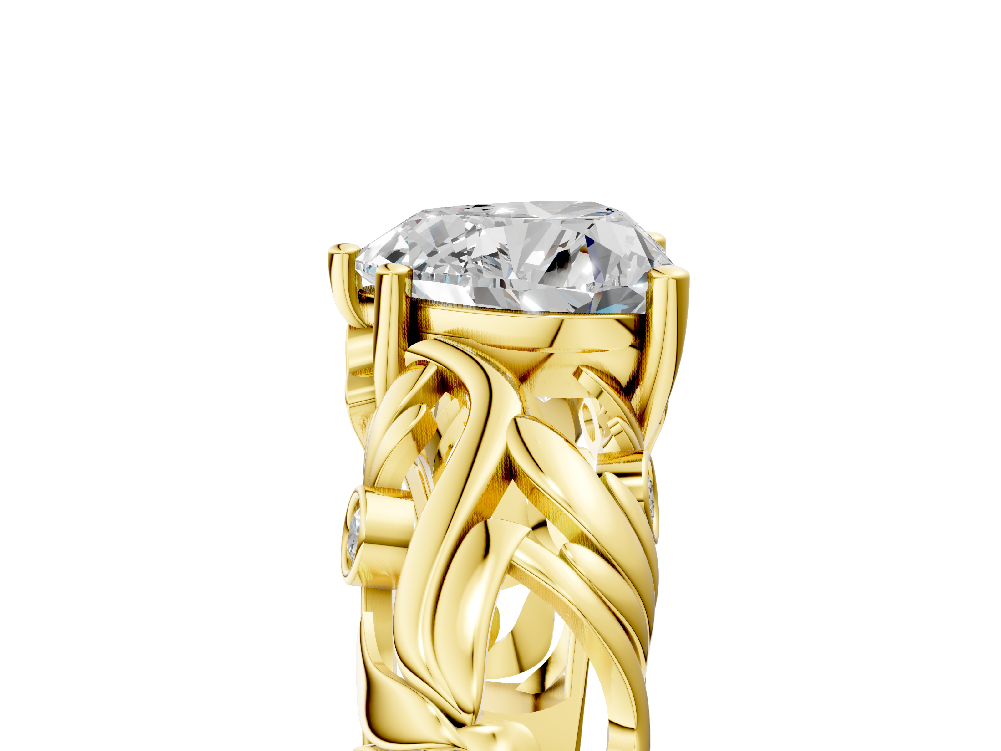 Yellow gold Heart Solitaire Diamond Leaf Vine Band with Prong Setting_42