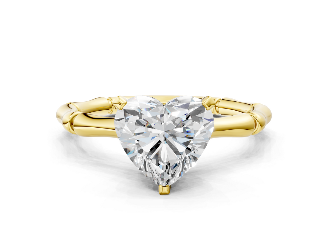 Yellow gold Heart Solitaire Diamond Ring with Bamboo Band and Four-Prong Setting_47