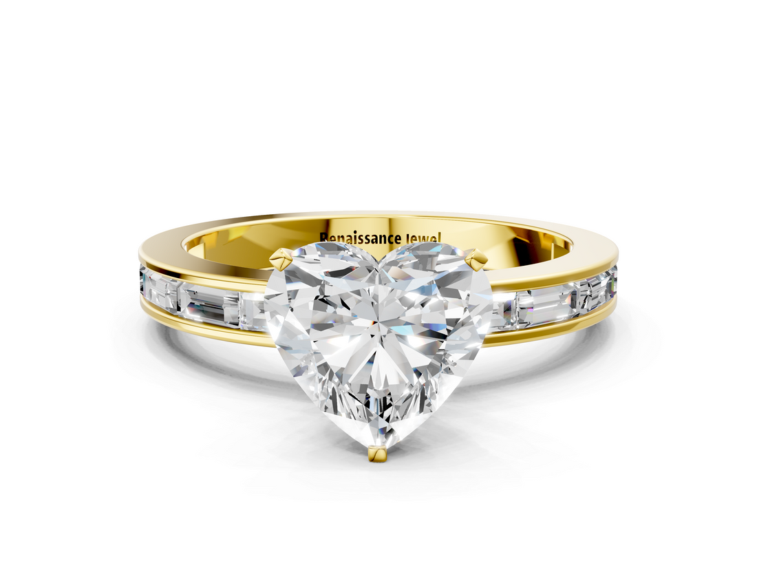 Yellow gold Heart Solitaire Diamond Ring with Channel-Set Baguette Band and Four-Prong Setting_75