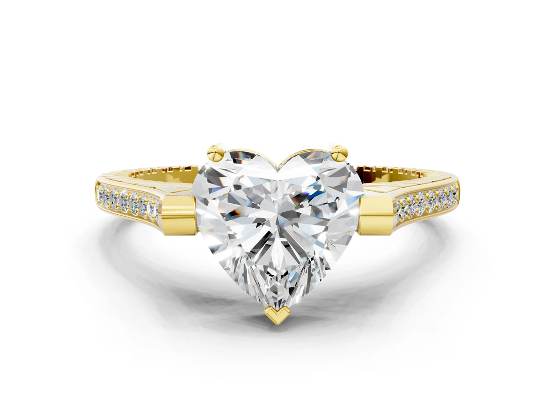 Yellow gold Heart Solitaire Diamond Ring with Channel Set Band and Bezel Prong Setting_56