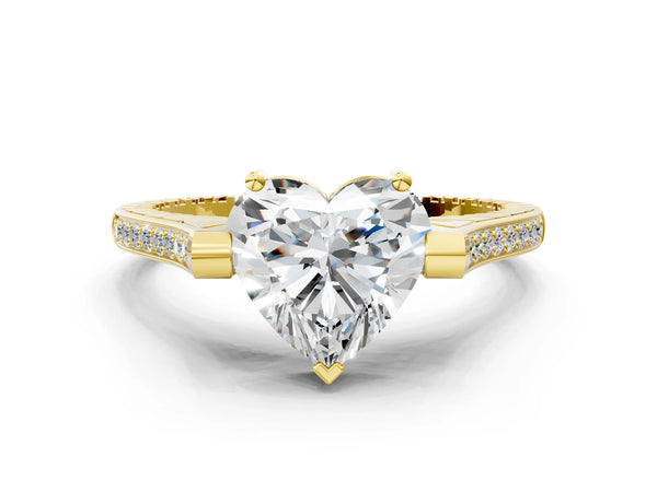 Yellow Gold Heart-Shaped Vintage Cathedral Engagement Ring Setting with Engraved Sides and Pave
