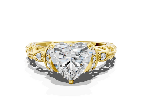 Yellow gold Heart Solitaire Diamond Ring with Filigree Band and Four-Prong Setting_57