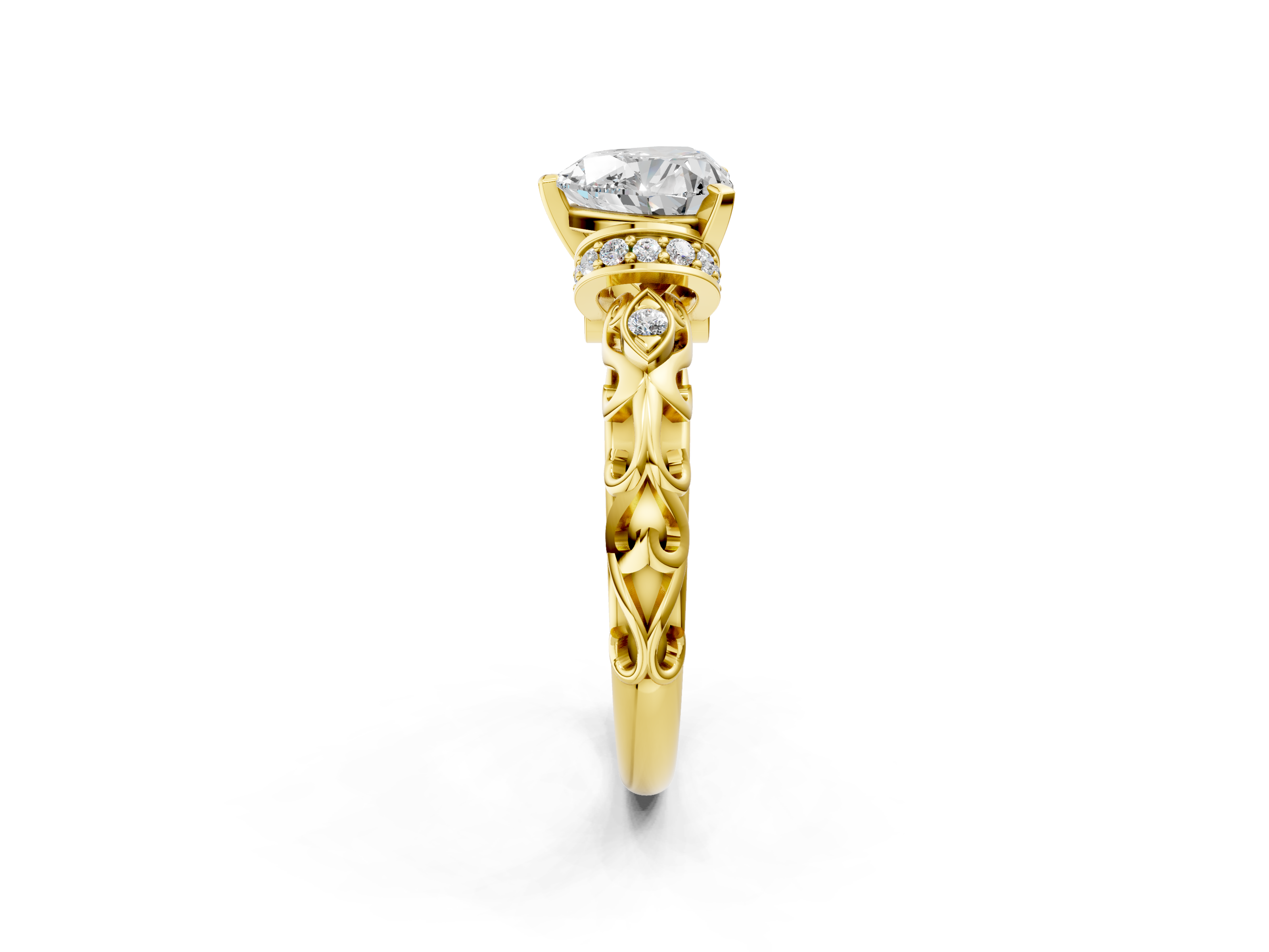 Yellow gold Heart Solitaire Diamond Ring with Filigree Band and Four-Prong Setting_58