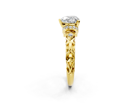 Yellow gold Heart Solitaire Diamond Ring with Filigree Band and Four-Prong Setting_58