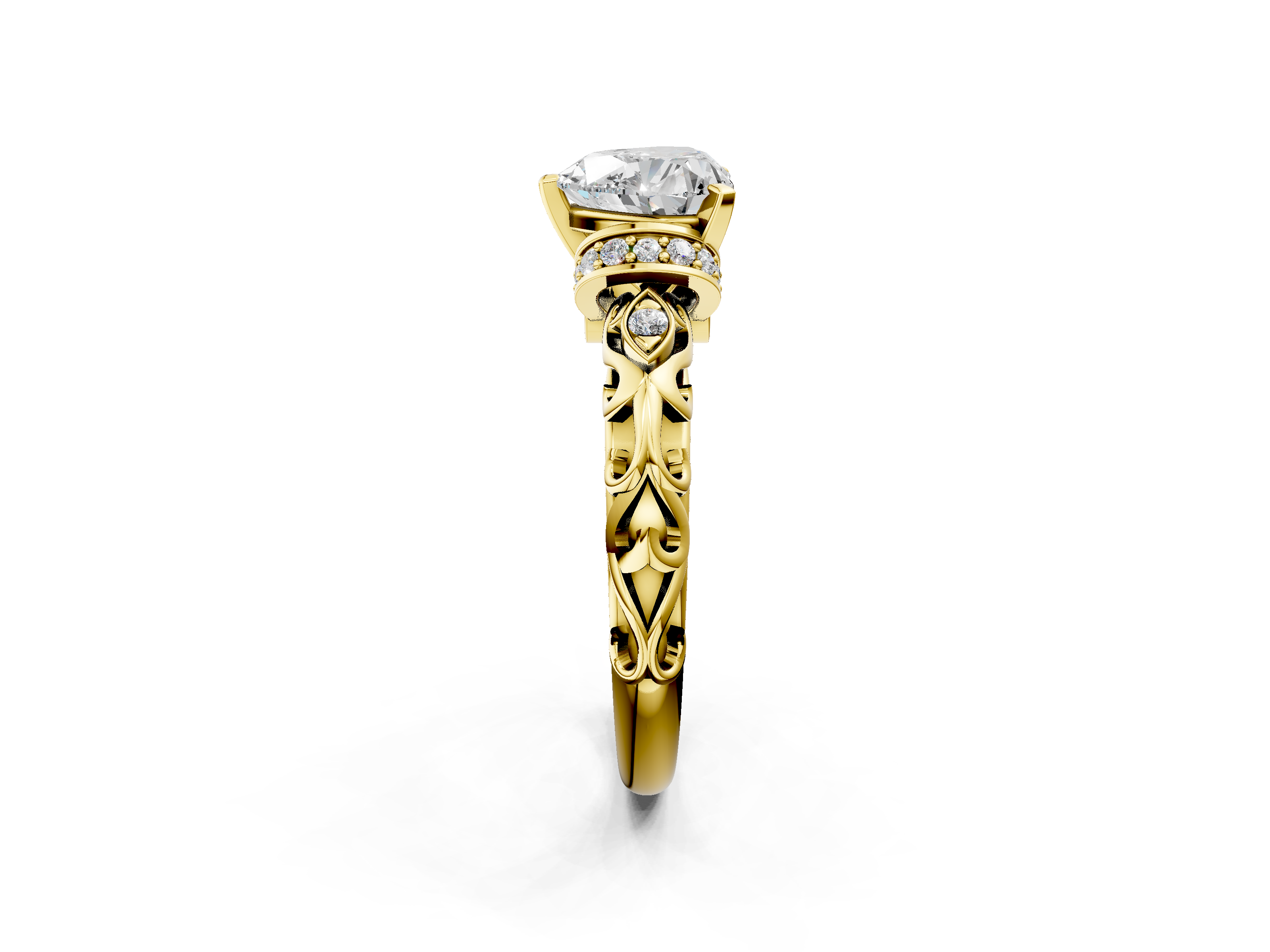 Yellow gold Heart Solitaire Diamond Ring with Filigree Band and Four-Prong Setting_59